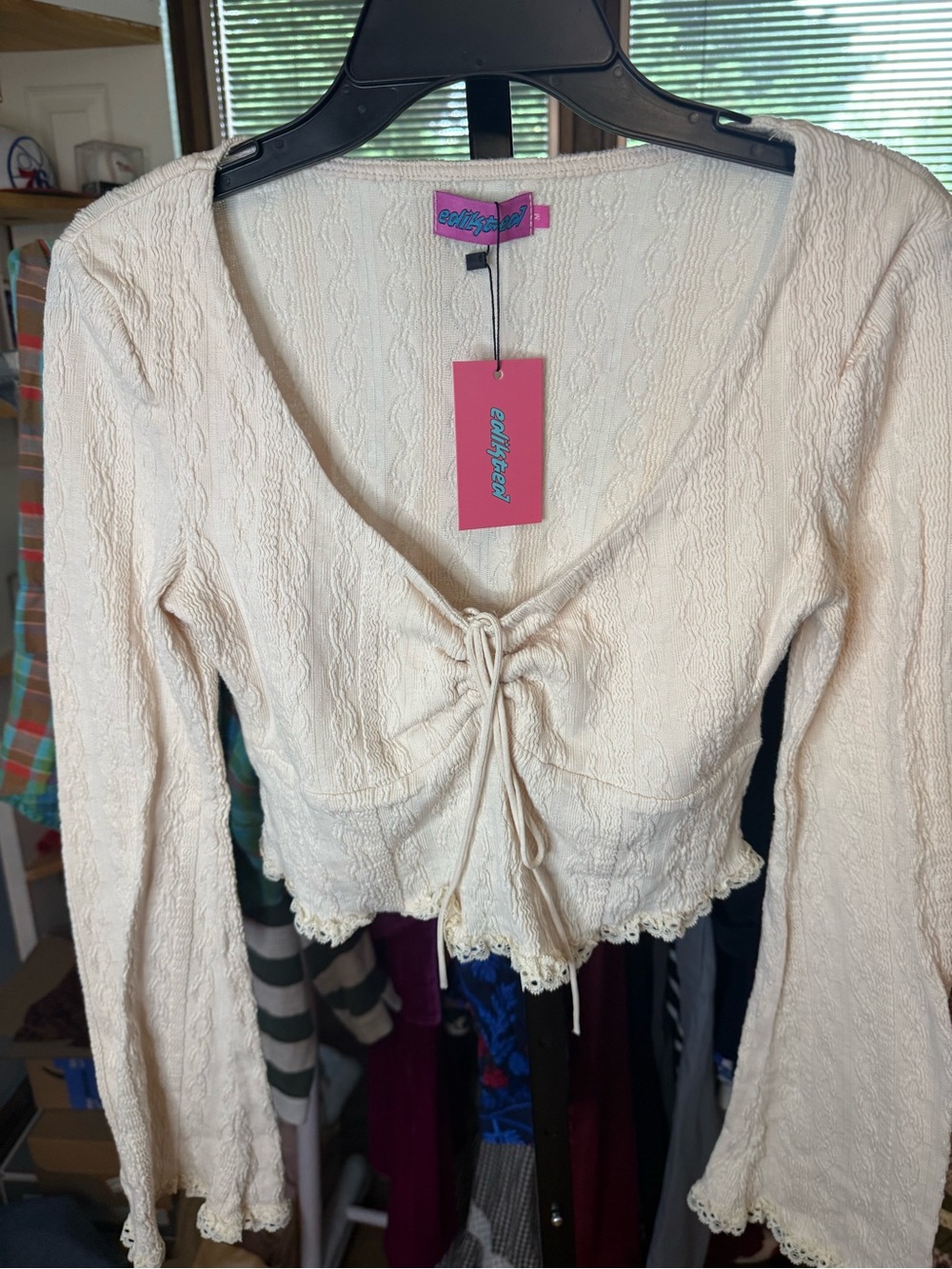 Edikted Cream Lace-Trim Cropped Drawstring Top M NWT